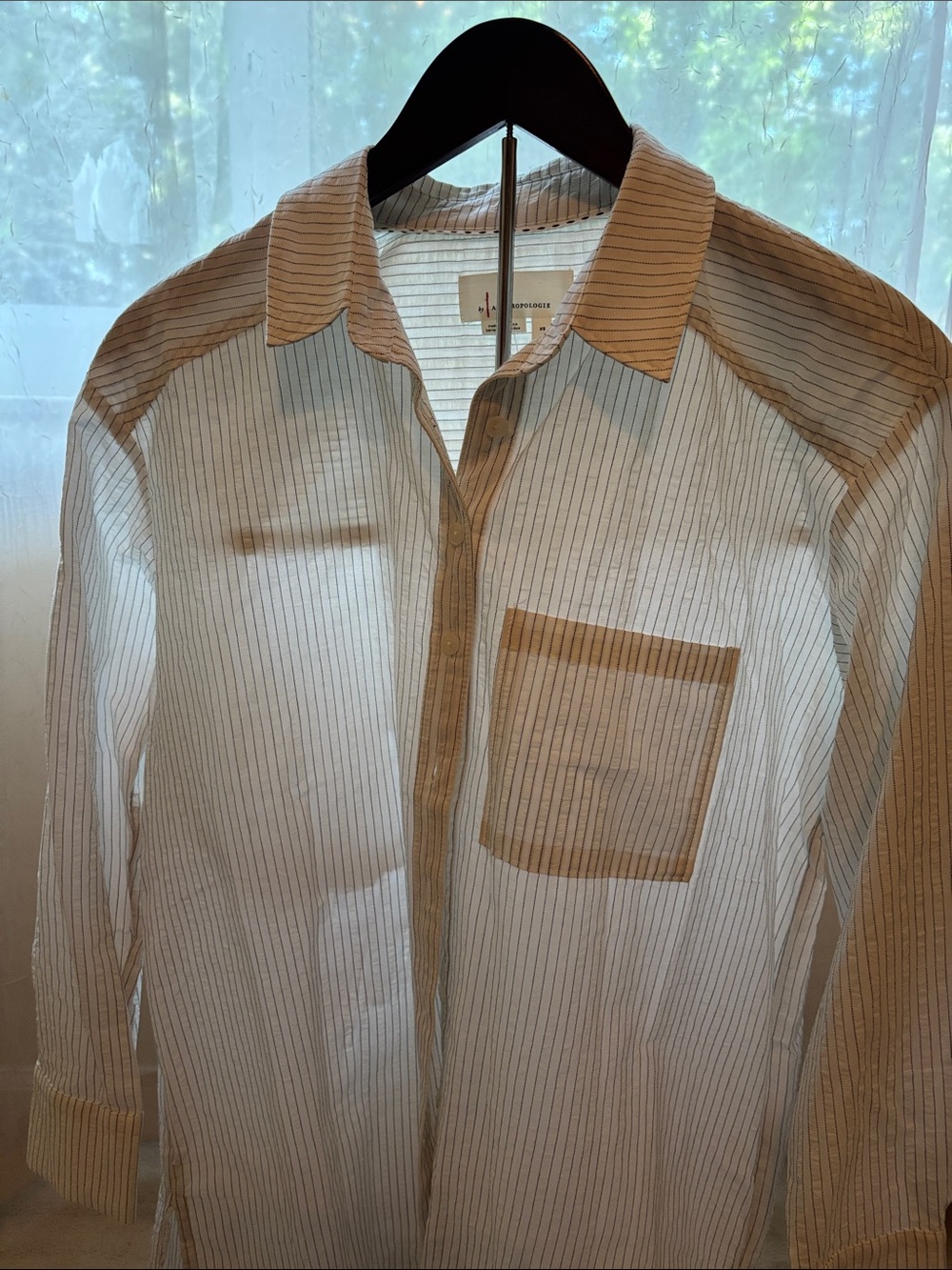 Anthropologie Women’s 
White Button-Down Shirt with Tan Stripes
